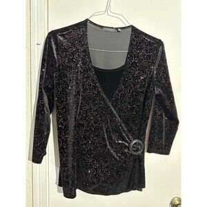 Notations Black Velvet Velour Gold Swirls Blouse Long Sleeve Top Size M